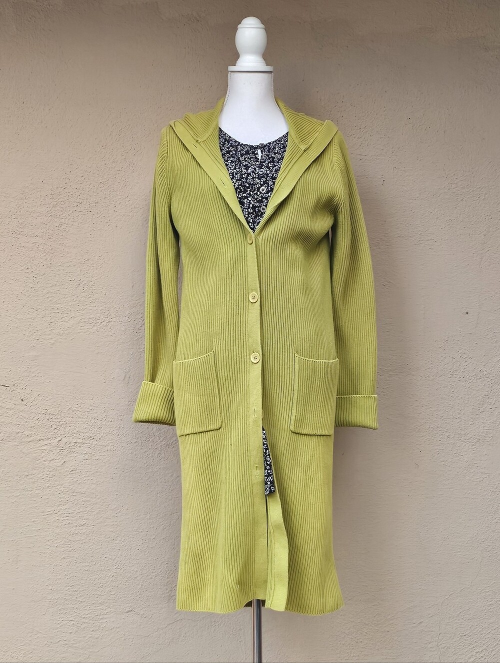 Jones New York Chatreuse 100% Cotton Knit Button Down Longline Cardigan W/ Hood